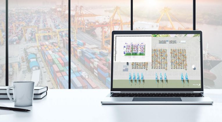 3D visualization of a container terminal displayed on a laptop, showing terminal layout, container stacks and cranes, representing CHESSCON Terminal View software for container terminal planning and automation.