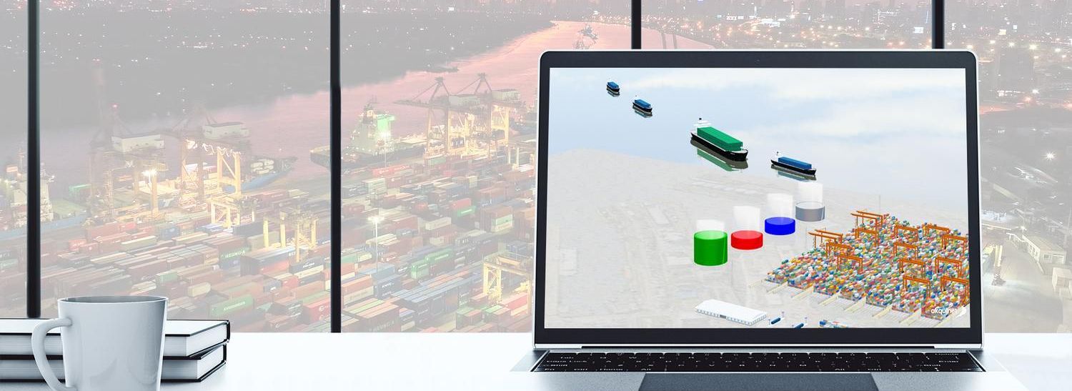 3D visualization of a container terminal and logistics processes displayed on a laptop, showing ships, container stacks and operational elements, representing CHESSCON software for terminal logistics planning and optimization.