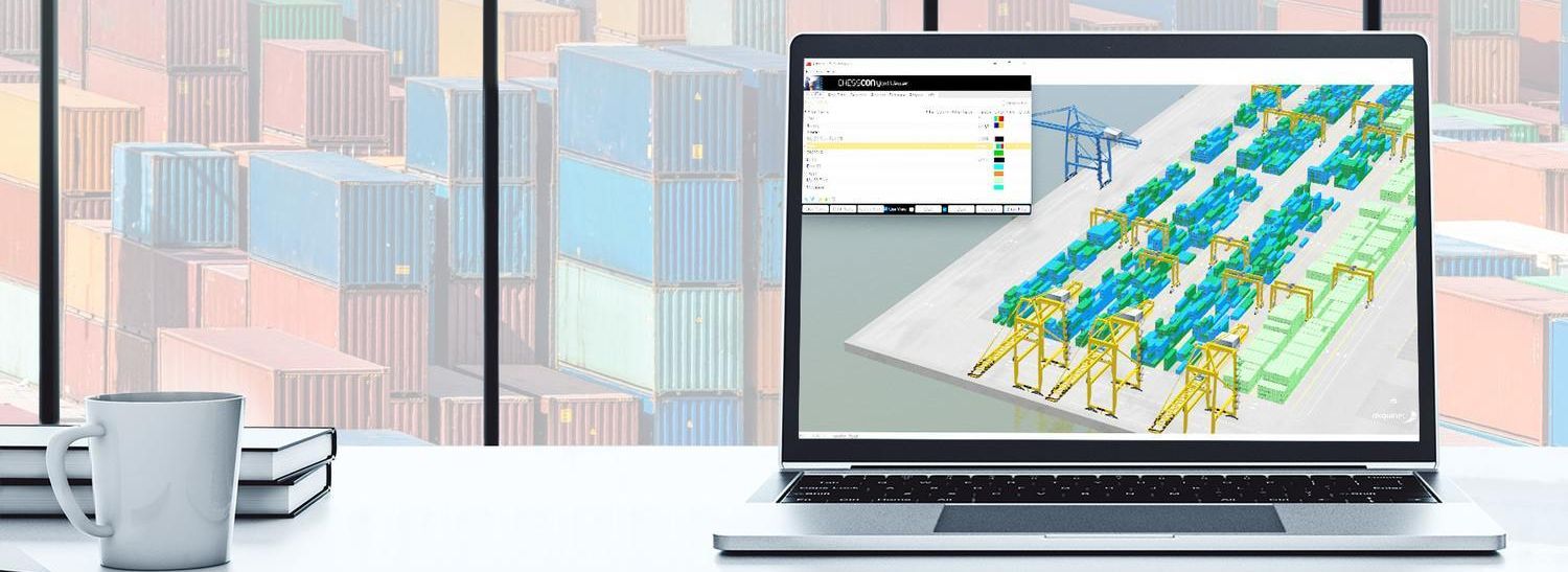 3D visualization of a container yard displayed on a laptop, showing container stacks, cranes and detailed yard layout, representing CHESSCON Yard View for yard planning, filtering and operational insight.