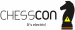 Das CHESSCON-Logo mit dem Slogan „It's electric!” Mit CHESSCON-Schachpferd und Elektrik-Symbol.