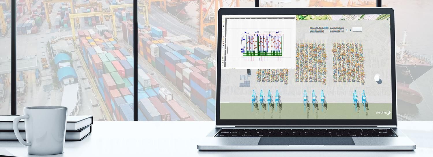 3D visualization of a container terminal displayed on a laptop, showing terminal layout, container stacks and cranes, representing CHESSCON Terminal View software for container terminal planning and automation.