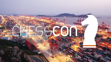 Aerial view of a container terminal with the CHESSCON logo and a knight chess piece symbol overlaid.