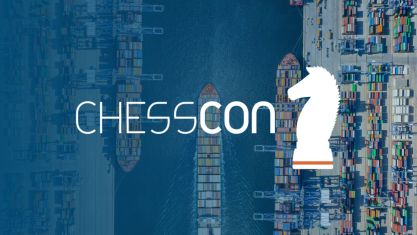 CHESSCON logo over an aerial view of a container port with container ships and quay cranes.