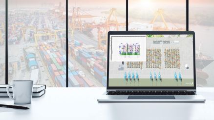3D visualization of a container terminal displayed on a laptop, showing terminal layout, container stacks and cranes, representing CHESSCON Terminal View software for container terminal planning and automation.