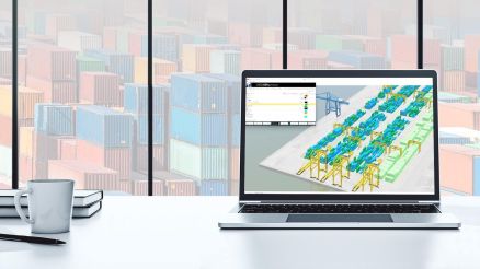 3D visualization of a container yard displayed on a laptop, showing container stacks, cranes and detailed yard layout, representing CHESSCON Yard View for yard planning, filtering and operational insight.
