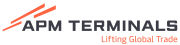 Black letters APM Terminals with orange lettering Lifting Global Trade underneath.