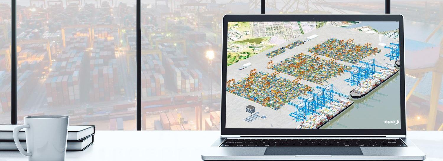 3D model of a container terminal displayed on a laptop, showing quay cranes, container stacks and terminal layout, representing CHESSCON Virtual Terminal for terminal simulation and TOS testing.