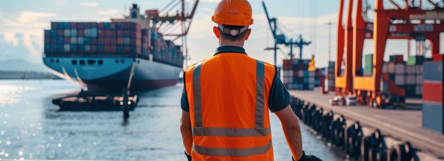 Worker in orange vest watching cargo ships at sunny port.