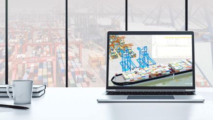 3D visualization of a container terminal displayed on a laptop, showing container yard, cranes and operational layout, representing CHESSCON Shift Preview for data-driven shift planning and bottleneck analysis.