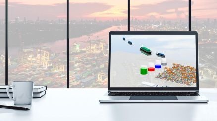 3D visualization of a container terminal and logistics processes displayed on a laptop, showing ships, container stacks and operational elements, representing CHESSCON software for terminal logistics planning and optimization.