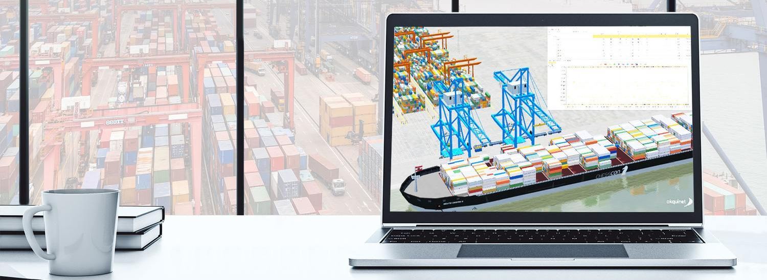 3D visualization of a container terminal displayed on a laptop, showing container yard, cranes and operational layout, representing CHESSCON Shift Preview for data-driven shift planning and bottleneck analysis.