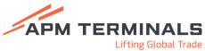 Black letters APM Terminals with orange lettering Lifting Global Trade underneath.